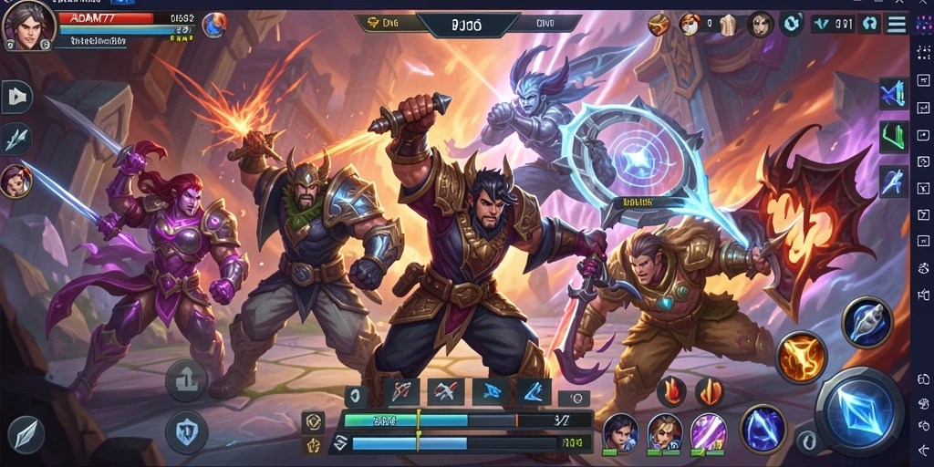 Tampilan gameplay ADAM77 dengan pertarungan karakter MOBA yang dinamis.