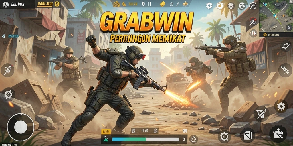 Tangkapan layar gameplay menarik dari GRABWIN dengan pertarungan intens.