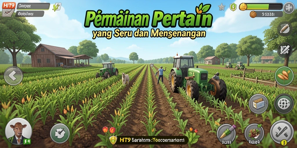 Screenshot gameplay HIT9 menunjukkan petani yang sedang merawat ladang hijau.