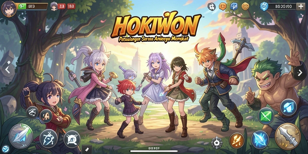 Tampilan gameplay HOKIWON dengan karakter anime yang dinamis.