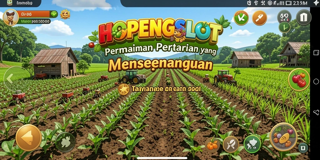 Tampilan seru gameplay HOPENGSLOT dengan ladang yang hijau dan hewan ternak.