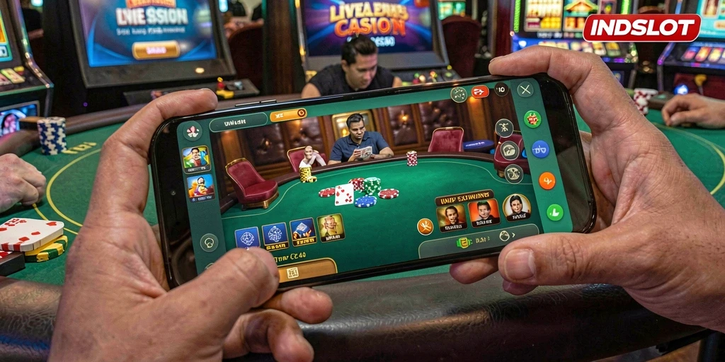 Screenshot gameplay Live Casino INDSLOT dengan dealer langsung yang interaktif.