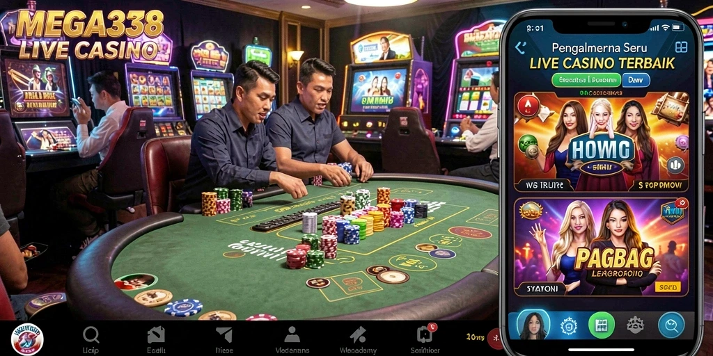 Screenshot utama MEGA338 menampilkan dealer yang sedang bermain roulette langsung.
