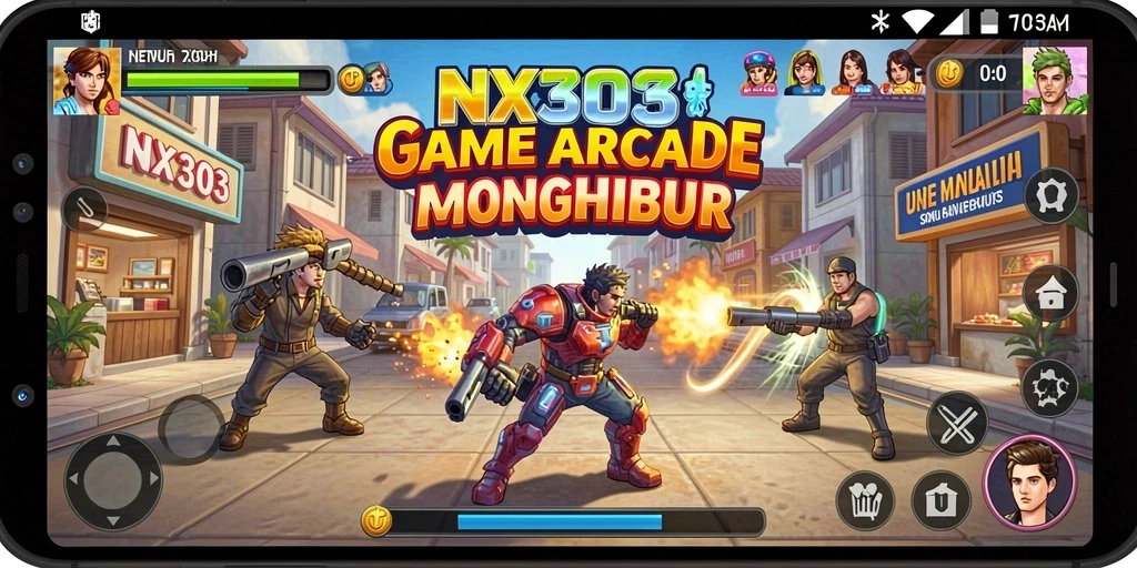 Screenshot utama NX303 menampilkan gameplay seru dengan rintangan yang menarik.