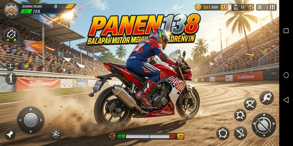 Screenshot gameplay PANEN138 menampilkan balapan motor yang intens.
