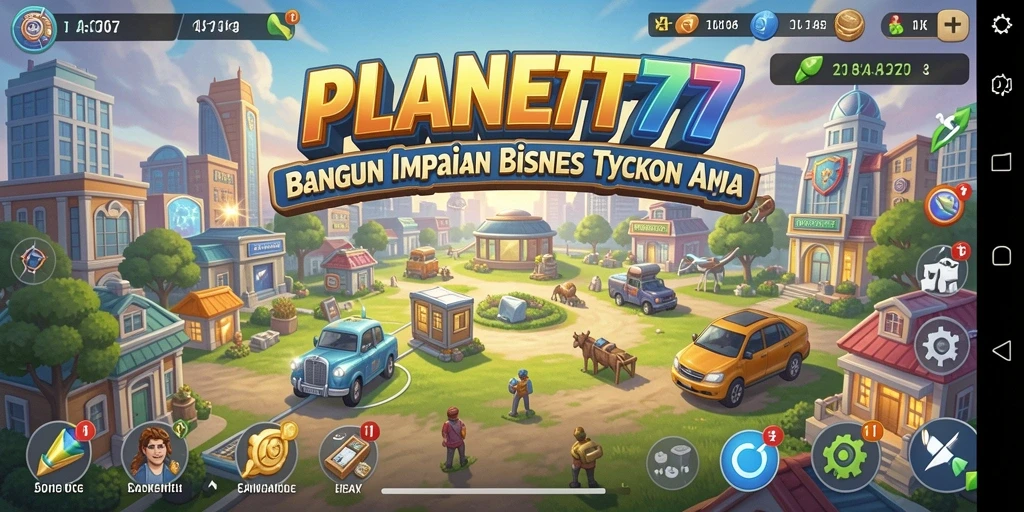 Tampilan gameplay menarik dari PLANET77, menunjukkan manajemen bisnis yang kreatif.