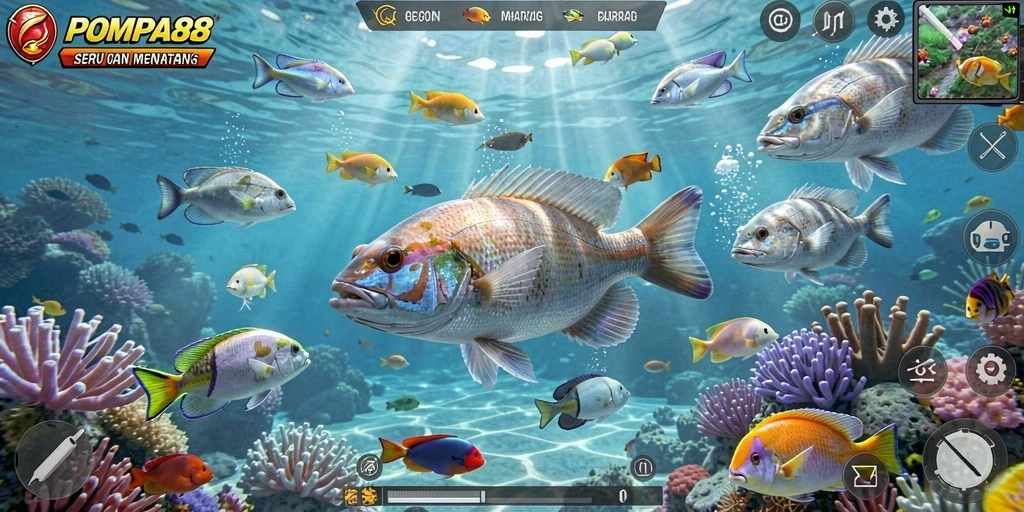 Gameplay seru POMPA88 saat menembak ikan berharga.