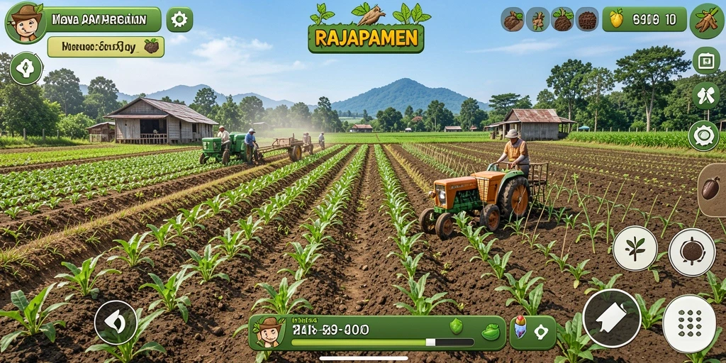 Tampilan gameplay RAJAPAMEN yang menakjubkan saat bertani.