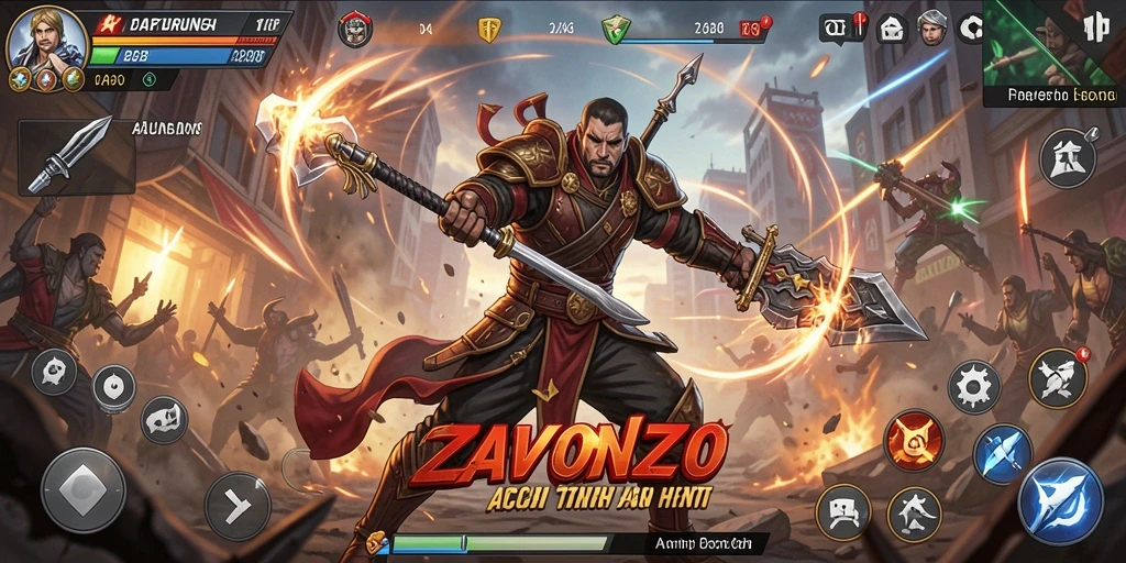 Gameplay ZAVONZO yang mendebarkan dengan pertempuran yang intens.